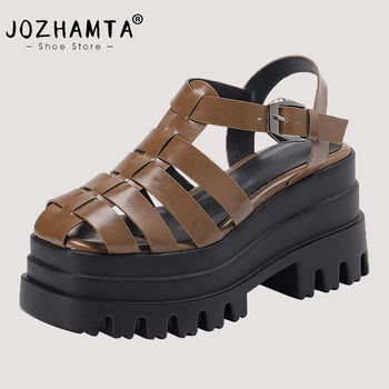 JOZHAMTA, Размер 35-42, Женские босоножки из натуральной кожи, Римская обувь на платформе с ремешком и пряжкой, летние Элегантные сандалии на высоком каблуке