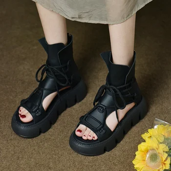 Однотонная женская обувь на плоской платформе, На шнуровке, В уличном стиле, Повседневные женские Босоножки с высоким берцем Ручной работы, Zapatos Mujer 2023