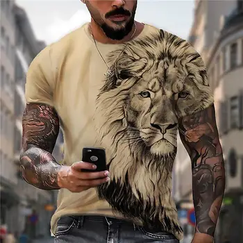 Летняя футболка с принтом льва, мужская футболка с 3D-принтом животных, короткий рукав, уличная мода, ретро, круглый вырез, очень большой мужской топ