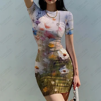 Летнее новое женское приталенное платье с цветочным 3D принтом, женское платье в стиле масляной живописи, женское приталенное платье, тренд моды, женское приталенное платье