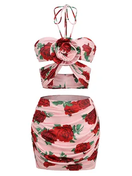 Праздничный наряд, женский шикарный красный топ с цветочным принтом на бретелях и юбка с высокой талией, комплекты из 2 предметов, уличная вечеринка в клубе