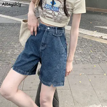Прямые джинсовые шорты Женская однотонная летняя одежда с высокой талией Винтажная уличная одежда Универсальная женская мода Ulzzang College Ретро