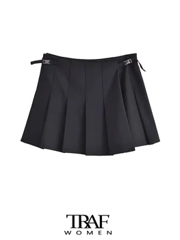 TRAF-Женская мини-юбка в складку, средняя талия, молния сбоку, Женские юбки, Мода