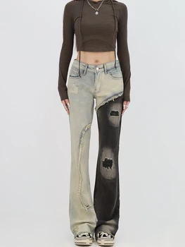Женские джинсы-клеш в стиле пэчворк, Корейская винтажная уличная одежда 90-х, Y2k, Мешковатые Джинсовые брюки с высокой талией, прямые Широкие джинсовые брюки 2023