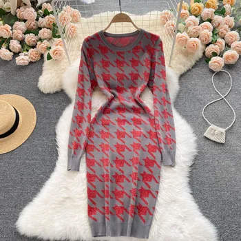 Осень-зима 2021, Новые женские Классические Пледы, Жаккардовое платье-пуловер Миди с длинными рукавами