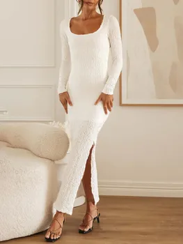 Однотонное белое длинное платье с круглым вырезом и разрезом по бокам, женское весеннее элегантное облегающее платье для вечеринок и клубов