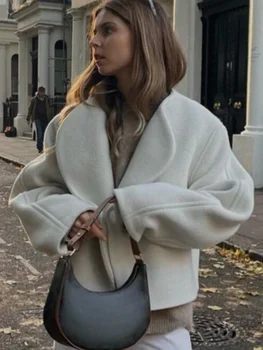 Повседневное теплое шерстяное укороченное пальто, Женские модные пальто с V-образным вырезом и длинным рукавом, Зимняя Женская шерстяная короткая куртка-кардиган 2023