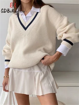 Полосатый вязаный свитер, Женский осенний пуловер оверсайз с V-образным вырезом, Теплый Повседневный Свободный джемпер, Толстые зимние свитера для женщин 2023