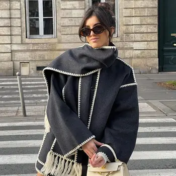 Женское осенне-зимнее новое модное шерстяное пальто 2023 года, утолщенное, свободное, с шарфом-кисточкой в женском стиле