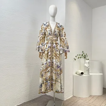 Весеннее Платье Миди с Золотистым Цветочным Принтом и Бриллиантами С Длинным Рукавом 2024 года
