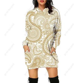 Женское платье с капюшоном, платье-пуловер, осеннее платье с богемным рисунком, платье-толстовка с капюшоном в стиле ретро с длинными рукавами и карманами, S-5XL