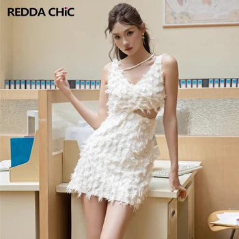 Женское Мини-платье REDDACHiC с Белой Бахромой и перьями, Корейское Fairycore Y2k, Приталенное, Открытое, Красивое и Элегантное Летнее Цельнокроеное