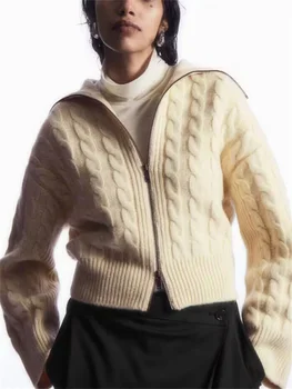 Женский кардиган 2023 года выпуска, новый полушерстяной твист с отложным воротником на молнии, однотонный повседневный свитер с длинными рукавами