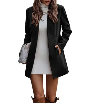 Женское шерстяное пальто с открытым воротом 2023, осенне-зимнее новое модное полупальто из плотного хлопка, женская повседневная верхняя одежда, топы для поездок на работу