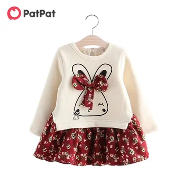 PatPat/2021 Новое поступление, осенне-зимне-весенние платья с цветочным принтом в виде искусственного кролика для малышей, детская одежда для девочек