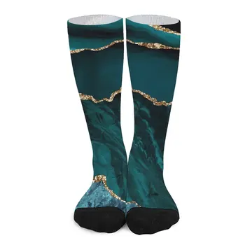 Носки с золотым мрамором, Осенние синие и зеленые Чулки, Повседневные женские Мужские качественные носки с принтом, Противоскользящие носки для бега