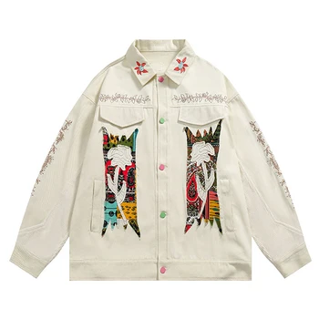 Винтажная белая джинсовая куртка, мужская уличная одежда в стиле хип-хоп, куртки с ретро-графической цветочной вышивкой, Джинсовые хлопковые пальто в стиле харадзюку 2023 года выпуска