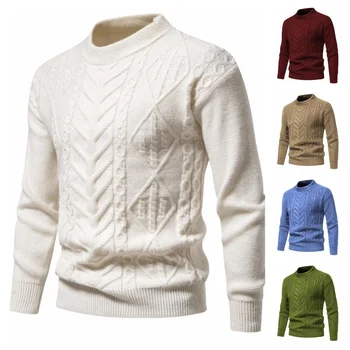 Новый повседневный мужской жаккардовый свитер, приталенный мужской вязаный пуловер из грубой шерсти с круглым вырезом, зимний теплый рождественский свитер для пары