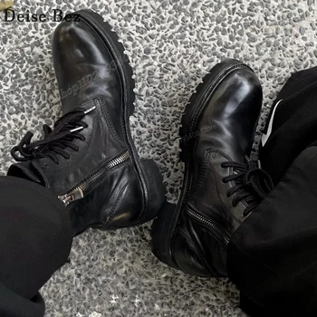 Черные Кожаные Ботильоны на шнуровке, Мужские Ботинки С круглым носком И Боковой Молнией, Уличная Повседневная Обувь в Крутом Стиле, Мода 2024 года, Zapatillas Mujers