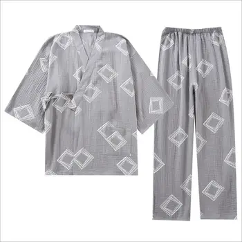 Весенне-осенние японские пижамы-кимоно, мужские комплекты домашней одежды Hanfu из выстиранной чистой хлопчатобумажной пряжи на шнуровке большого размера