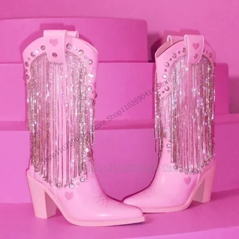Розовые хрустальные кисточки Дизайн шитья Ботинки с острым носком на боковой молнии Женская обувь на каблуке странного стиля Взлетно-посадочная полоса 2023 Zapatos Para Mujere