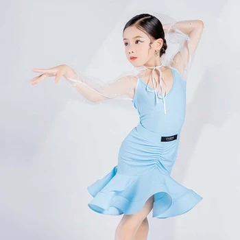 2024 Новая детская одежда для соревнований по танцам, Сетчатые рукава для девочек, синее платье для латиноамериканских танцев, платья для выступлений на бальных танцах SL8514