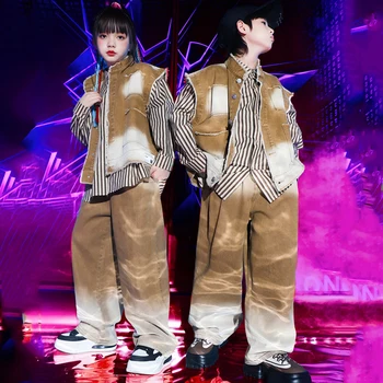 2024 Танцевальные костюмы в стиле хип-хоп для девочек, жилет с завязками, свободные брюки, костюм для мальчиков, джазовая современная танцевальная одежда для выступлений на сцене DN17179