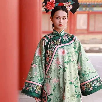 Зеленый женский халат Hanfu династии Цин с винтажным цветочным рисунком, элегантное дворцовое платье Cheongsam в китайском стиле, платье Qipao