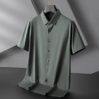 Новое Поступление, Летняя Мужская рубашка Большого размера из Ледяного Шелка С коротким Рукавом, Высокоэластичная Однотонная рубашка Плюс Размер XL 2XL3XL4XL5XL6XL7XL8XL