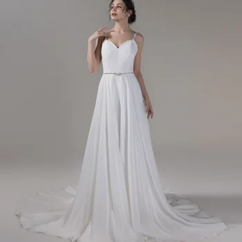 Настоящее платье из шифона трапециевидной формы, простое свадебное платье со шлейфом из бисера, дешевое свадебное платье