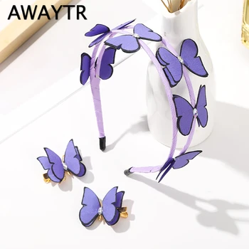 AWAYTR 1 комплект Фиолетовая повязка на голову с бабочкой, заколка для волос для женщин и девочек, Аксессуары для волос с хрустальной бабочкой, лента для волос, повязка на голову, лента для волос