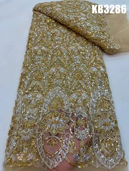 Золотая кружевная ткань из плотного бисера с чередованием Вечерних платьев класса люкс 2023 года, зеленая ткань с блестками и бисером, кружево для шитья KB3286