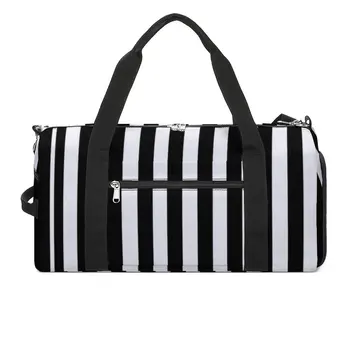 Винтажные спортивные сумки с принтом в полоску, черные, белые, вертикальные полосы, дорожная спортивная сумка с обувью, новые сумки, мужская дизайнерская сумка для фитнеса.