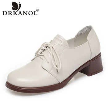 DRKANOL/ Женская обувь из натуральной кожи на шнуровке, круглый носок, мягкая подошва, туфли-лодочки на толстом каблуке для отдыха, однотонная офисная обувь, большой размер 42