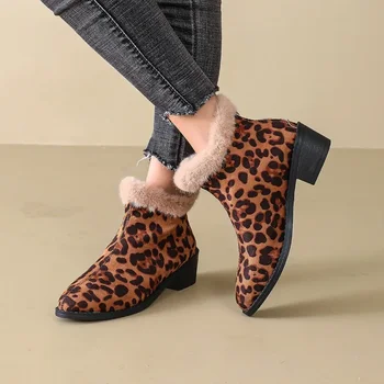 Женская обувь 2023, Модные женские ботинки с леопардовым принтом, Новые повседневные ботинки на молнии сзади, женские пикантные ботильоны на квадратном каблуке, сохраняющие тепло.