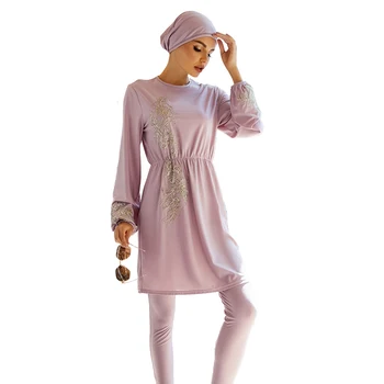 Купальный костюм для женщинmuslim Swimwear, Полностью Закрывающий Купальный костюм с Золотой Нитью и Цветочной Шапочкой-наклейкой, Комплект из трех частей