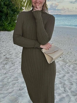 Женское осеннее платье повседневного однотонного цвета с отделкой в виде листьев салата, длинное вечернее платье с длинным рукавом для пляжного коктейля, клубная уличная одежда