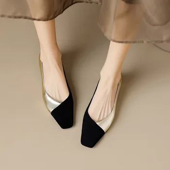 Phoentin/ элегантные лоскутные туфли на среднем каблуке в стиле пэчворк, новинка весны 2024 года, женские вечерние туфли-лодочки из натуральной кожи с квадратным носком, большие размеры 42 FT3133