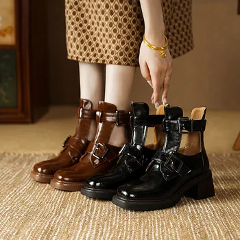 Ретро, полая металлическая пряжка для ремня, Высокие каблуки, квадратный каблук в британском стиле, толстый каблук, короткая трубка, Повседневные универсальные кожаные женские ботинки
