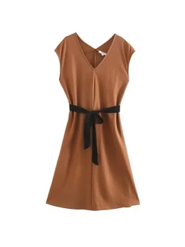 Летнее повседневное коричневое платье без рукавов с V-образным вырезом, женские платья трапециевидной формы с поясом
