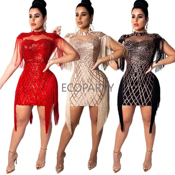 2023 Летнее Модное Сексуальное платье с пайетками и бахромой большого размера для ночного клуба, женские повседневные платья, доступные в трех цветах CY8033