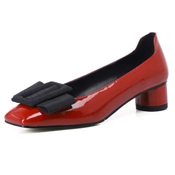 2024 Новые Модные женские туфли из натуральной кожи на круглом высоком каблуке, свадебные туфли с бабочкой, Женские красные туфли