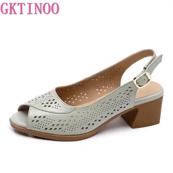 GKTINOO 2023, Летняя обувь с открытым носком, женские босоножки из натуральной кожи, Босоножки на среднем каблуке, женская обувь больших размеров