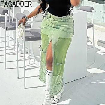 FAGADOER Зеленая Модная Уличная одежда Женские джинсовые юбки средней длины с высокой талией и разрезом на пуговицах Осенние Повседневные женские ковбойские штаны в стиле пэчворк