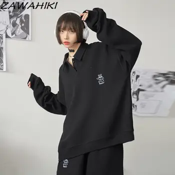 ZAWAHIKI, Корейская мода, весна-осень, свободная однотонная толстовка с длинным рукавом, женская однотонная одежда в стиле K Pop с опрятным отложным воротником.