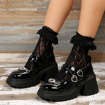 Туфли Mary Jane Lolita в готическом стиле на платформе, женские черные туфли-лодочки из лакированной кожи на высоком каблуке, женские туфли Y2K на массивном каблуке с пряжкой в виде сердца