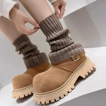 Женские брендовые ботильоны с пряжкой на ремне 2023, зимние нескользящие ботинки на платформе с большим круглым носком, женская обувь из искусственной замши с толстой подошвой, Хлопчатобумажная обувь