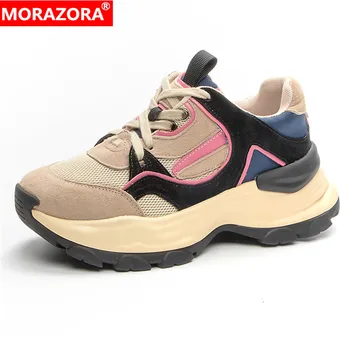 MORAZORA/2024/ Новые женские кроссовки из замши на шнуровке смешанных цветов, женская повседневная обувь на плоской платформе, массивные кроссовки