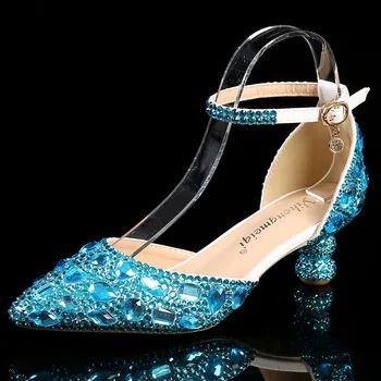 Летние Новые женские вечерние танцевальные босоножки на высоком каблуке большого размера, синие стразы с острым носком, Модные Свадебные банкетные туфли D0002