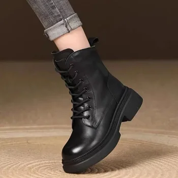 Новые осенние женские ботильоны 2023, модные женские туфли на платформе со шнуровкой и массивном каблуке, уличные повседневные Botas De Mujer